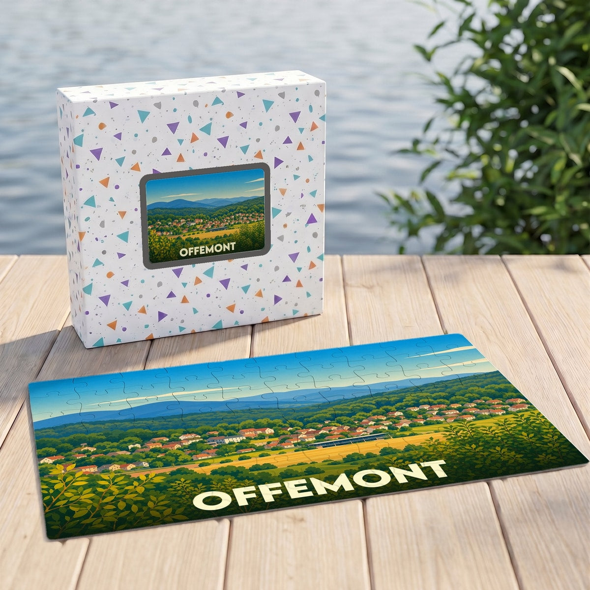 Puzzle souvenir de la ville d'Offemont avec une illustration de paysage de style affiche rétro.