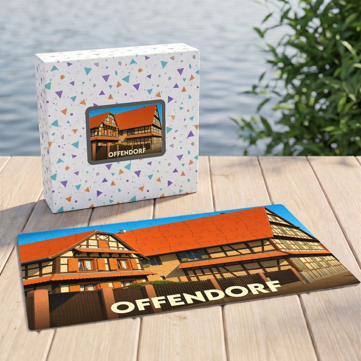 Puzzle souvenir de la ville d'Offendorf illustré par une maison à colombages traditionnelle.