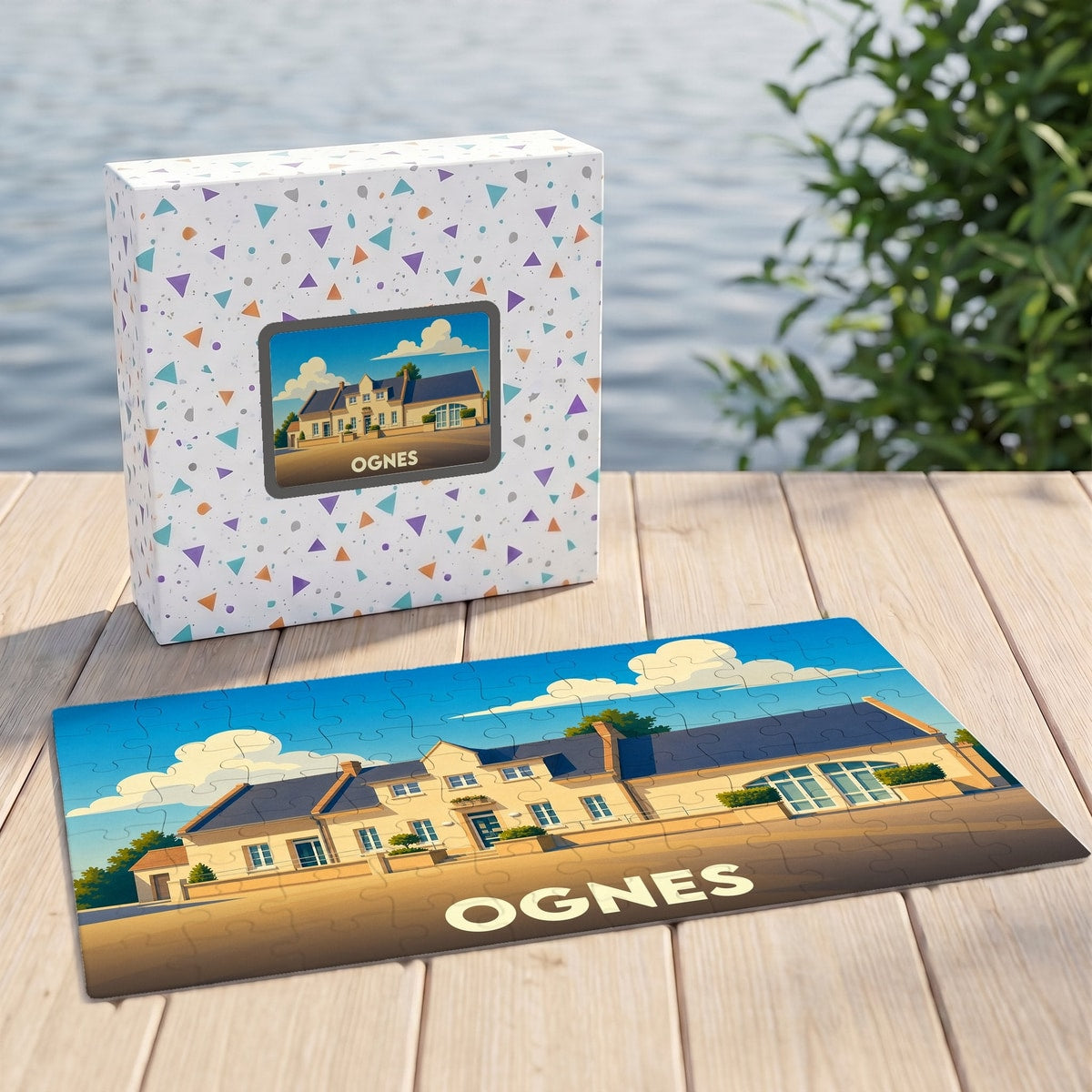 Puzzle souvenir de la ville d'Ognes avec une illustration stylisée d'une grande demeure sous un ciel azur.