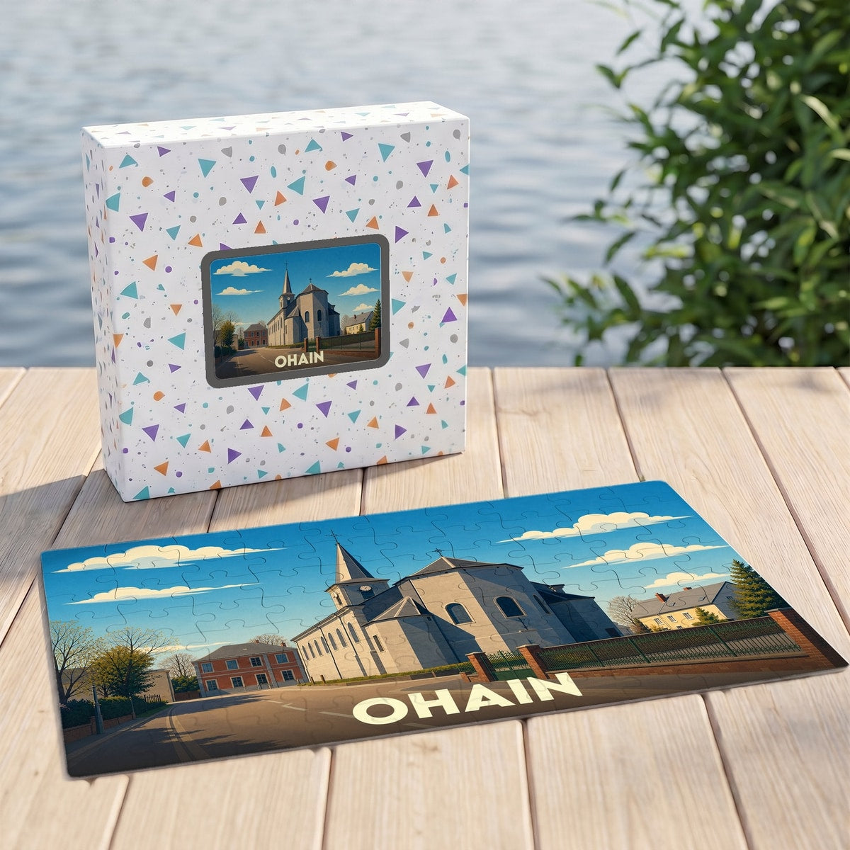 Puzzle souvenir de la ville d'Ohain présentant une illustration stylisée de son église et de ses environs.