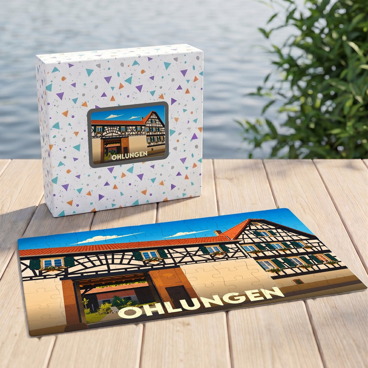 Puzzle souvenir de la ville de Ohlungen avec une illustration stylisée d'une maison à colombages.