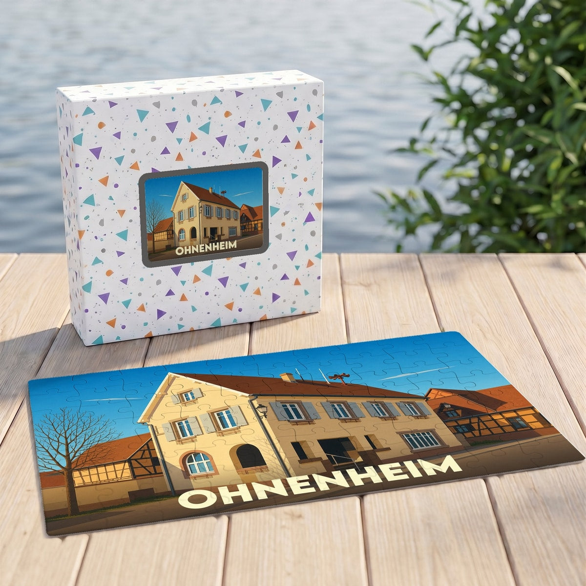 Puzzle souvenir de la ville de Ohnenheim avec une illustration stylisée.