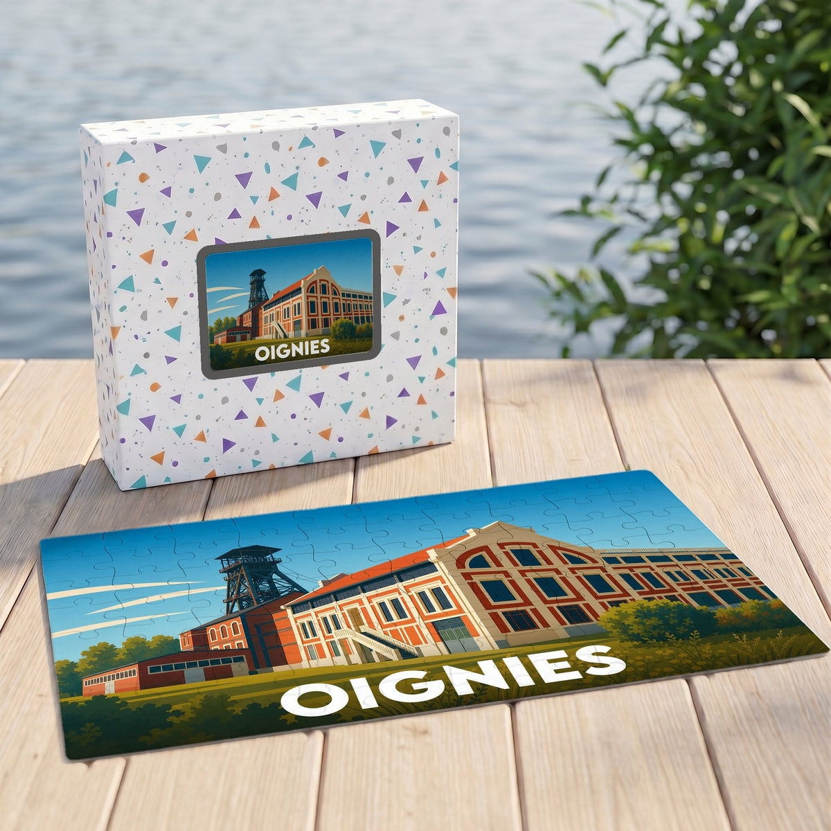 Puzzle souvenir de la ville de Oignies avec une illustration stylisée de son patrimoine minier.