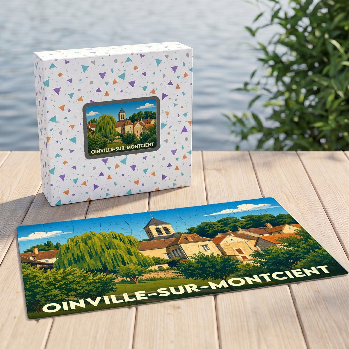 Puzzle souvenir de la ville de Oinville-sur-Montcient avec une illustration stylisée de son église et de ses paysages.