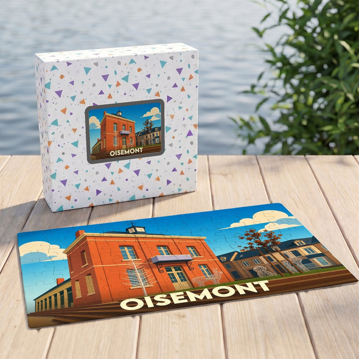 Puzzle souvenir de la ville de Oisemont avec une illustration stylisée de son architecture.