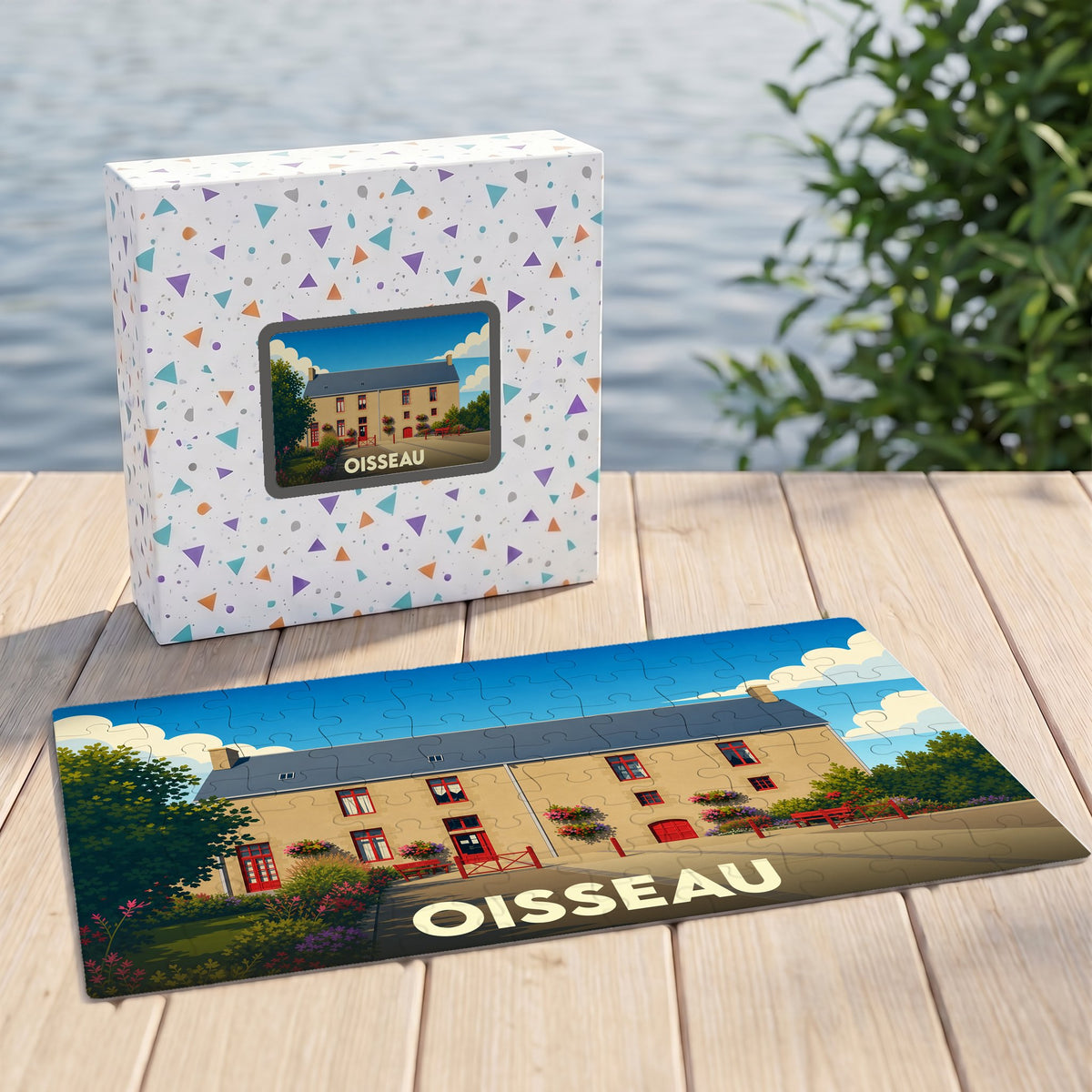 Puzzle souvenir de la ville de Oisseau illustrant une bâtisse traditionnelle sous un ciel bleu.
