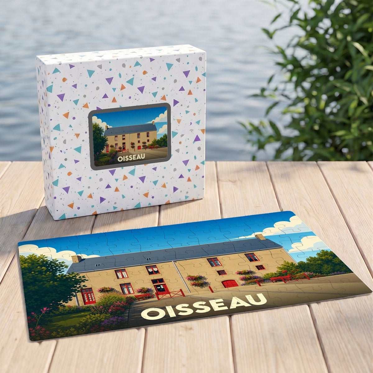 Puzzle souvenir de la ville de Oisseau illustrant une bâtisse traditionnelle sous un ciel bleu.