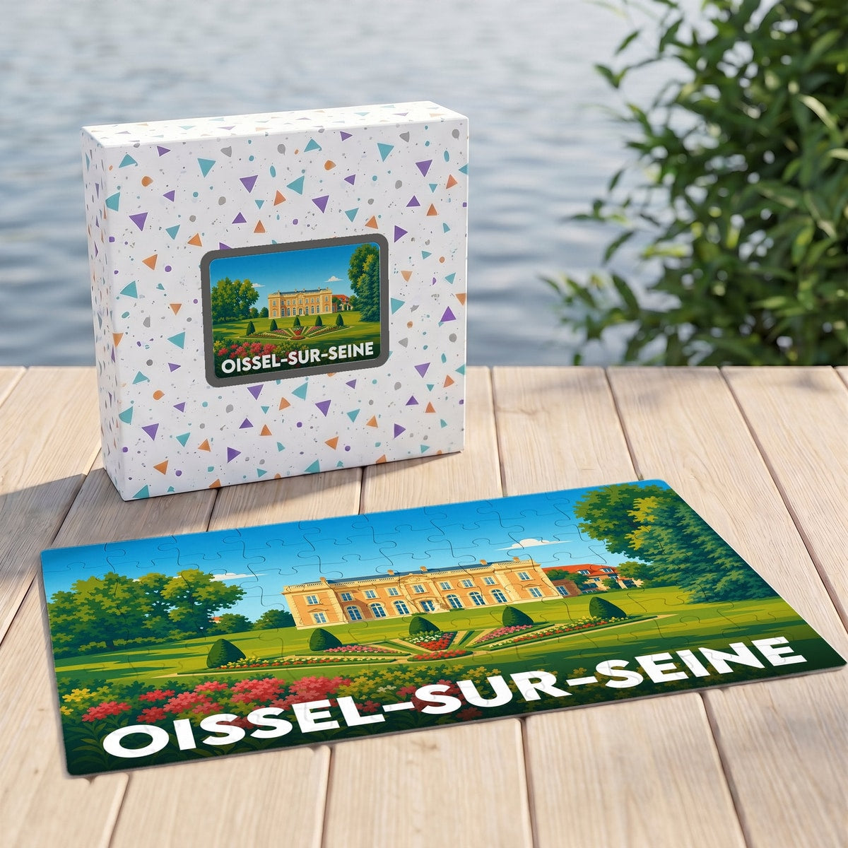 Puzzle souvenir de la ville de Oissel-sur-Seine avec une illustration stylisée d'un château et de ses jardins.