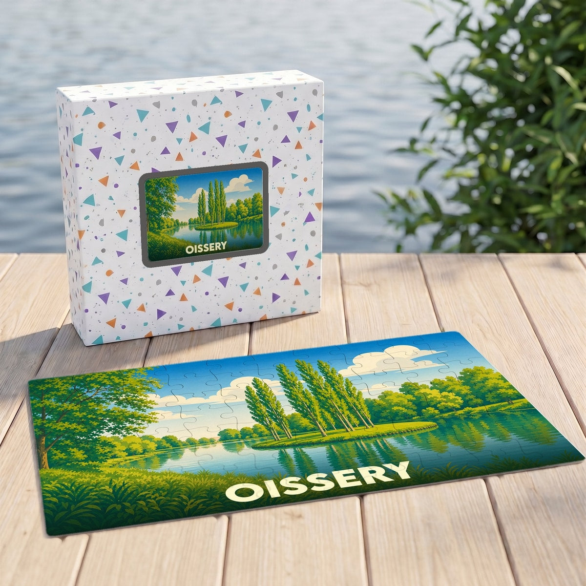 Puzzle souvenir de la ville d'Oissery illustré par un paysage lacustre paisible.