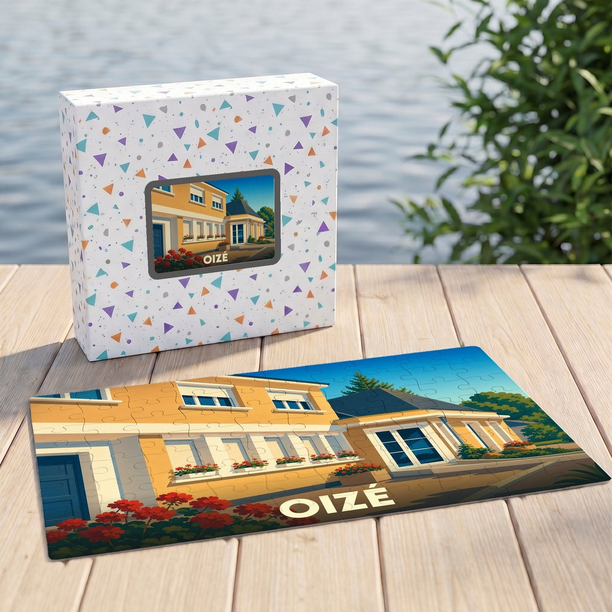 Puzzle souvenir de la ville de Oizé avec une illustration stylisée.