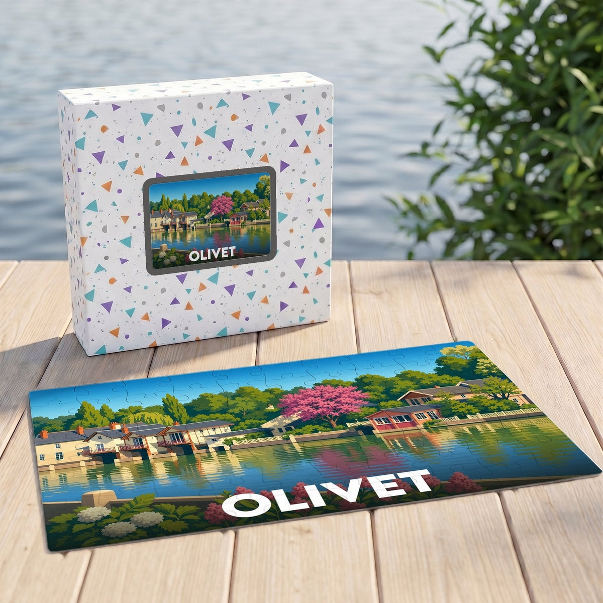 Puzzle souvenir de la ville d'Olivet illustrant ses bords du Loiret, présenté avec sa boîte assortie.