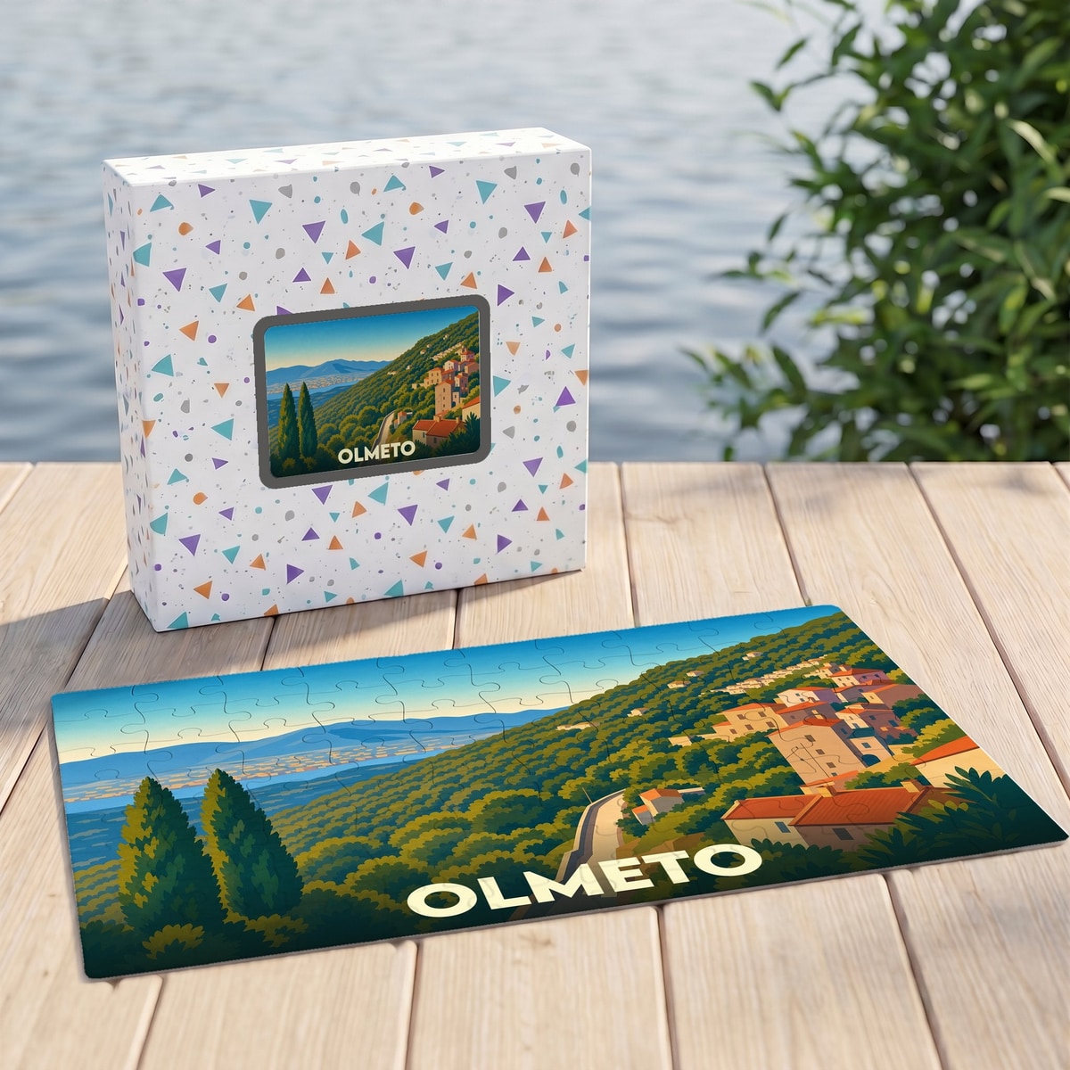 Puzzle souvenir de la ville de Olmeto avec une illustration paysagère stylisée.