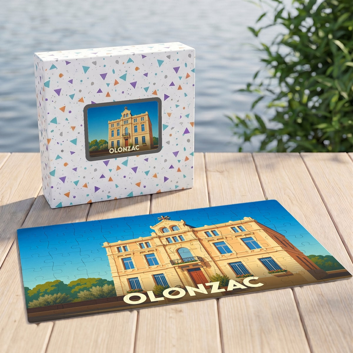 Puzzle souvenir de la ville d'Olonzac représentant une illustration stylisée d'un bâtiment historique.