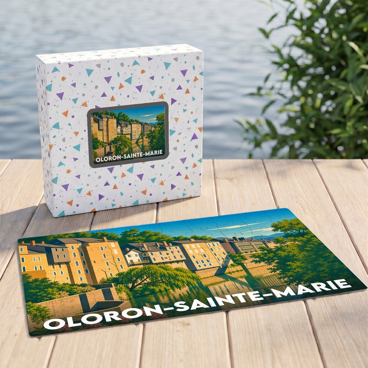 Puzzle souvenir de la ville d'Oloron-Sainte-Marie illustré d'un paysage urbain coloré au bord de l'eau.