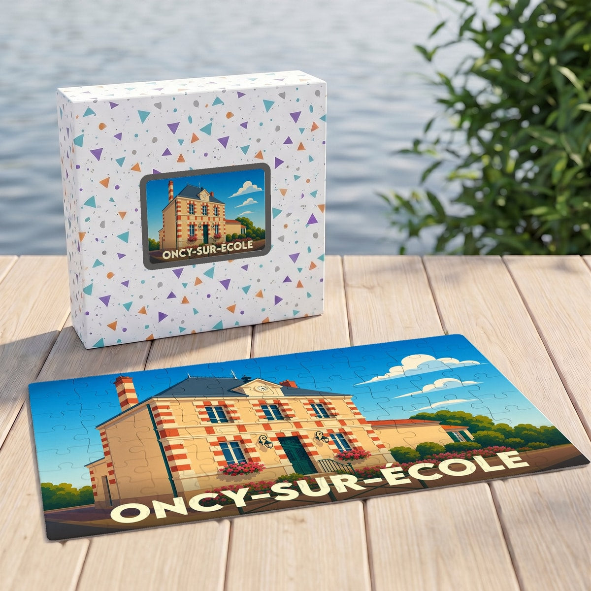 Puzzle souvenir de la ville de Oncy-sur-École avec une illustration stylisée d'un bâtiment remarquable.