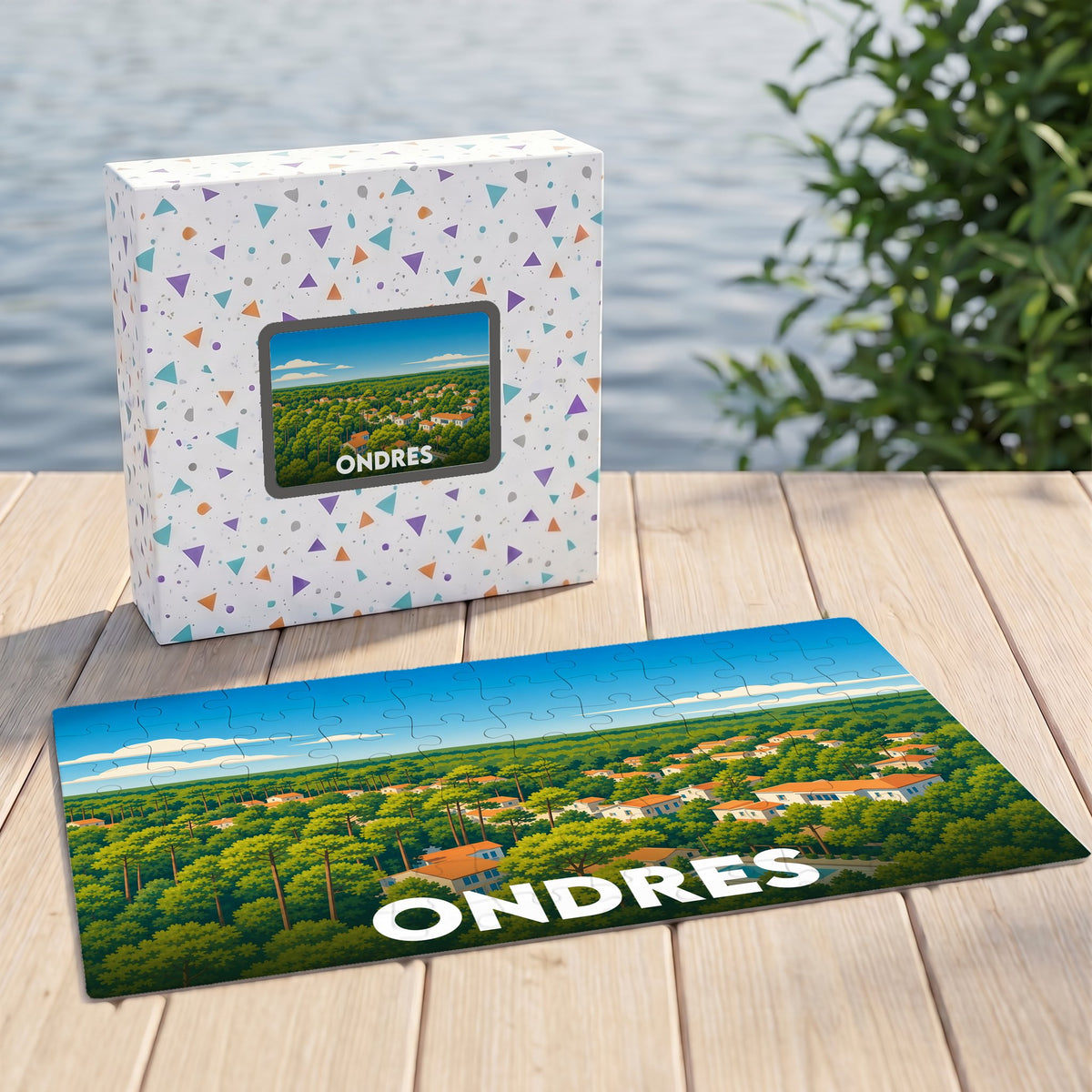 Puzzle souvenir de la ville de Ondres avec une illustration panoramique de sa forêt et de ses habitations.