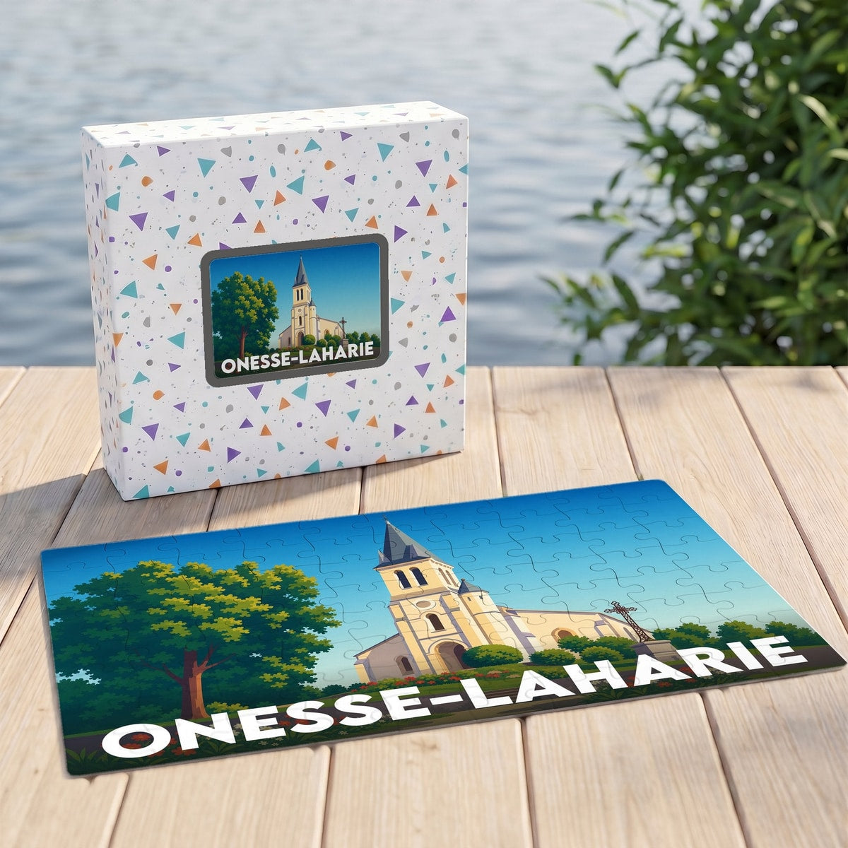 Puzzle souvenir de la ville d'Onesse-Laharie avec une illustration stylisée de son église.