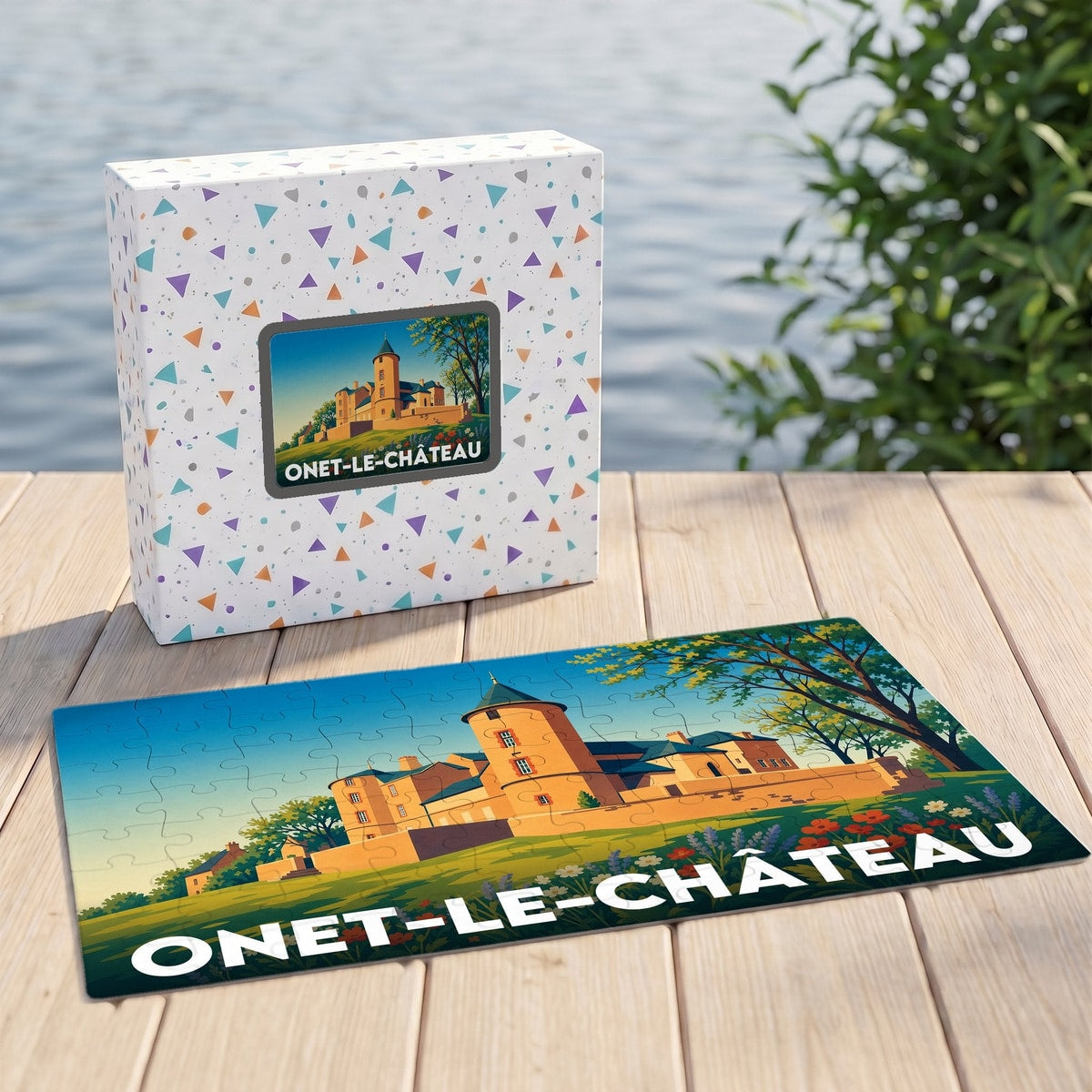 Puzzle souvenir de la ville de Onet-le-Château avec une illustration stylisée d'un château.