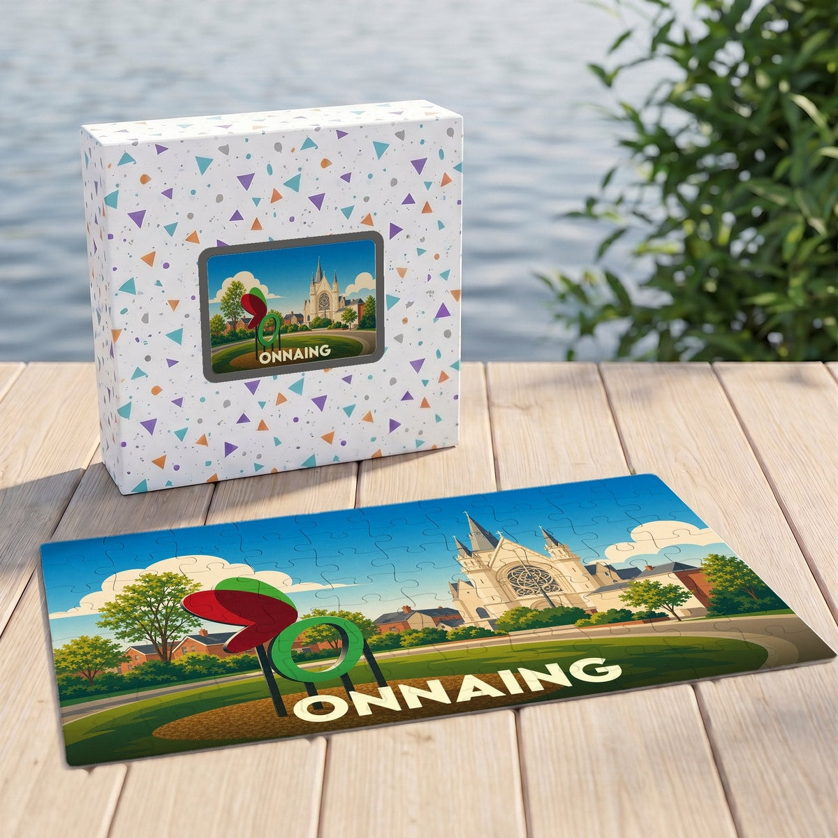 Puzzle souvenir de la ville de Onnaing avec une illustration stylisée et colorée.
