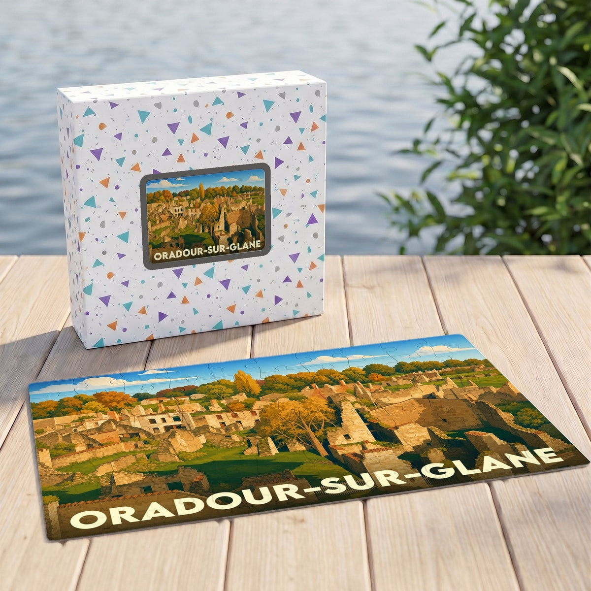 Puzzle souvenir de la ville d'Oradour-sur-Glane avec une illustration stylisée de ses ruines historiques.