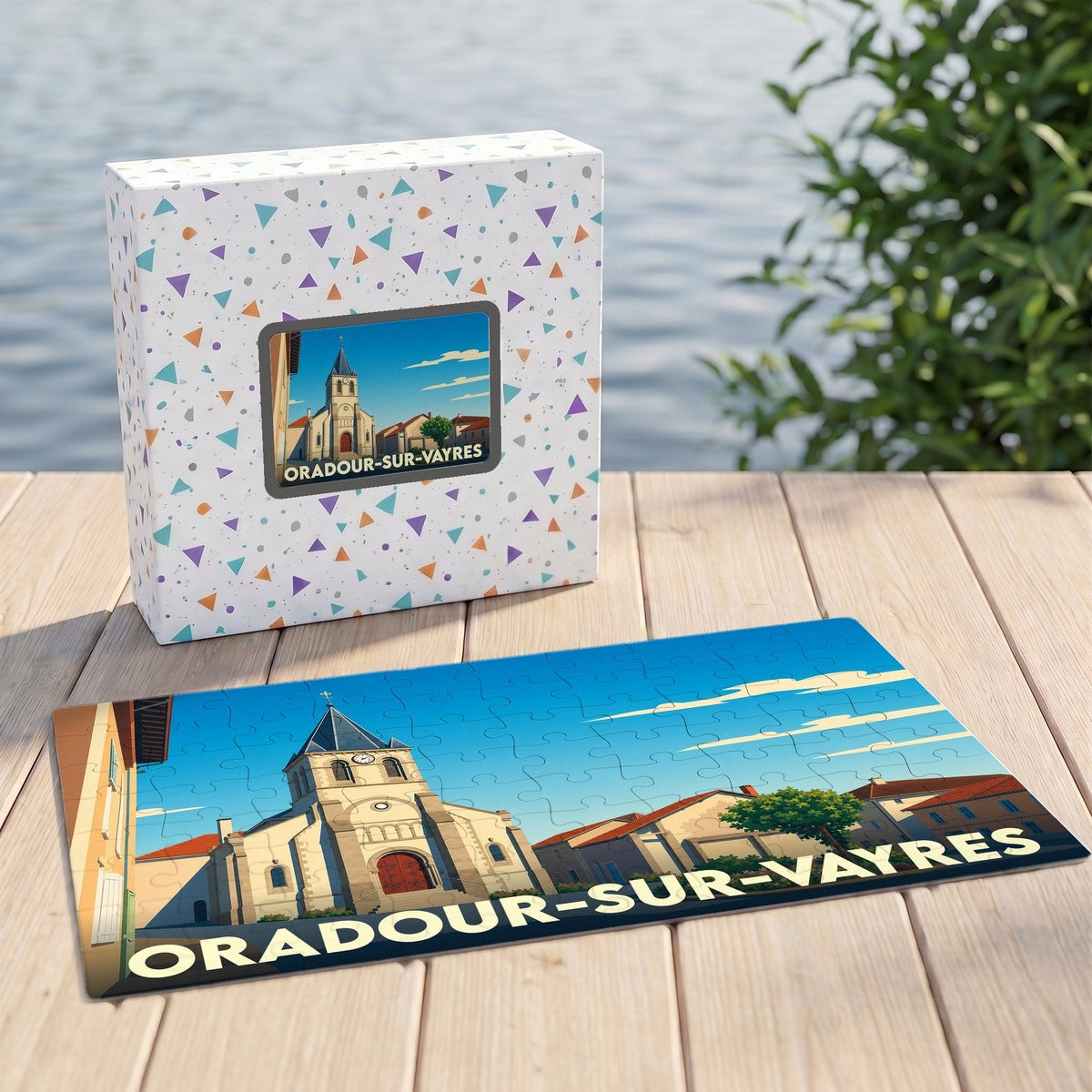 Puzzle souvenir de la ville d'Oradour-sur-Vayres illustrant son église dans un style graphique épuré.