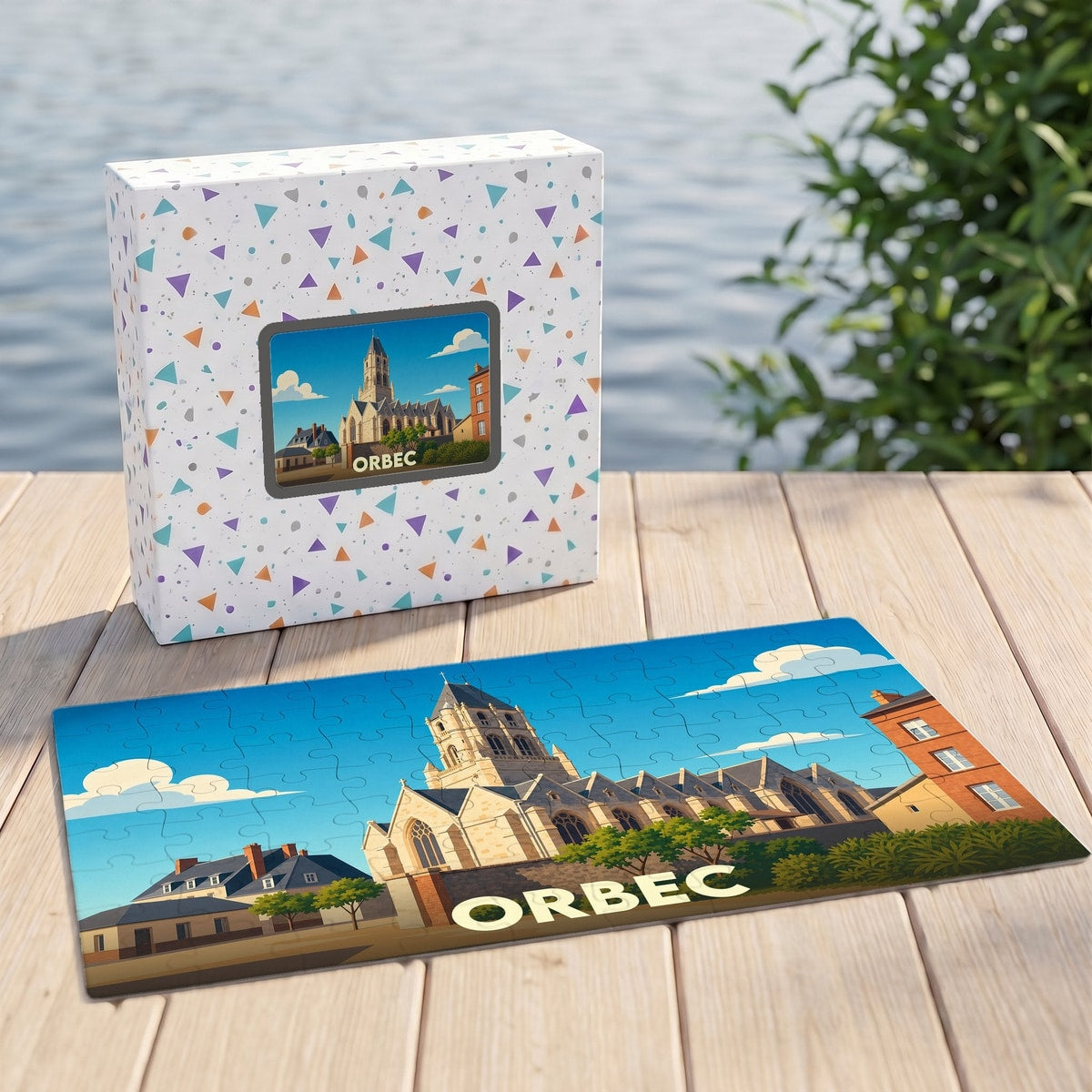Puzzle souvenir de la ville d'Orbec présentant une illustration stylisée de son église sur un quai en bois.
