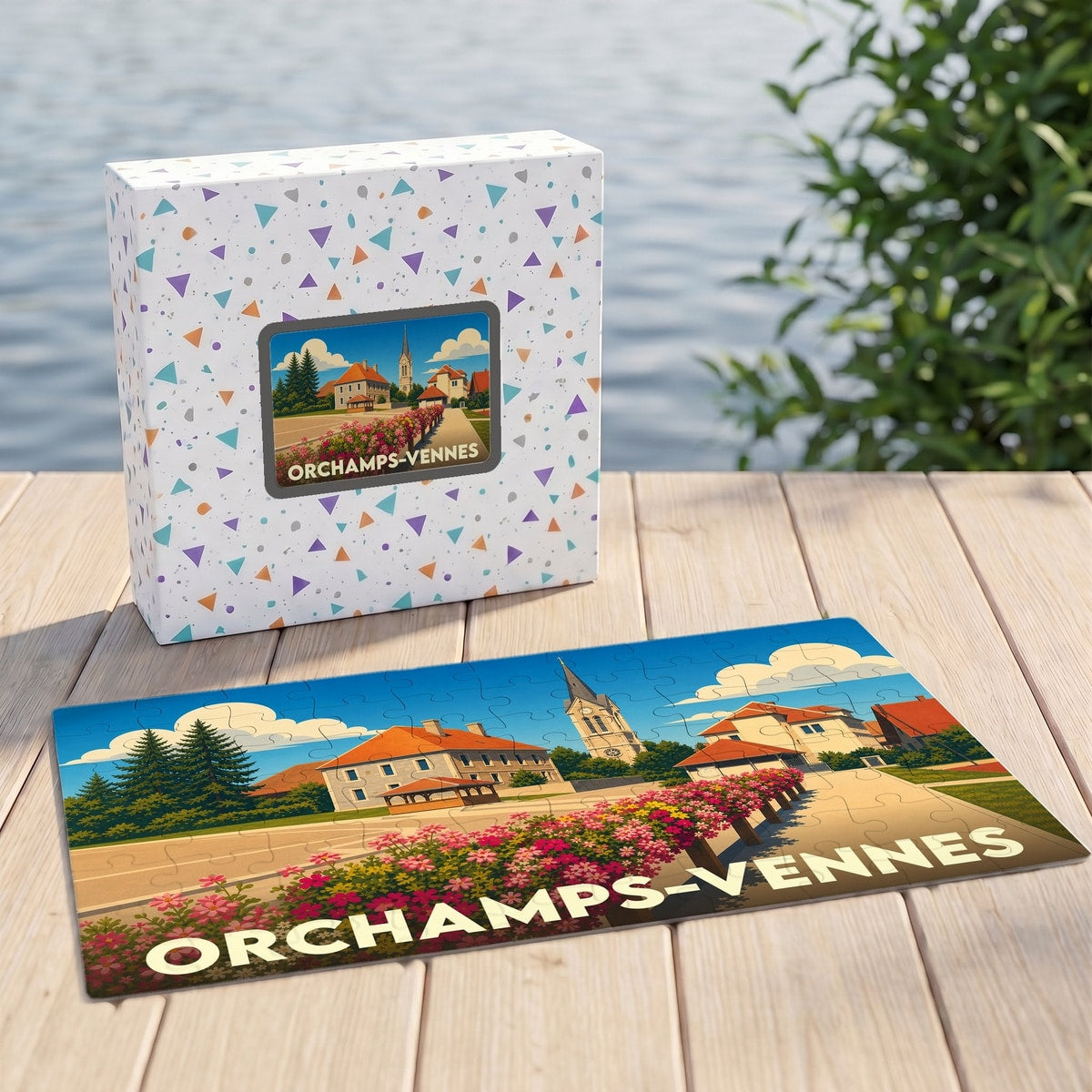 Puzzle souvenir de la ville de Orchamps-Vennes avec une illustration stylisée et colorée du paysage local.