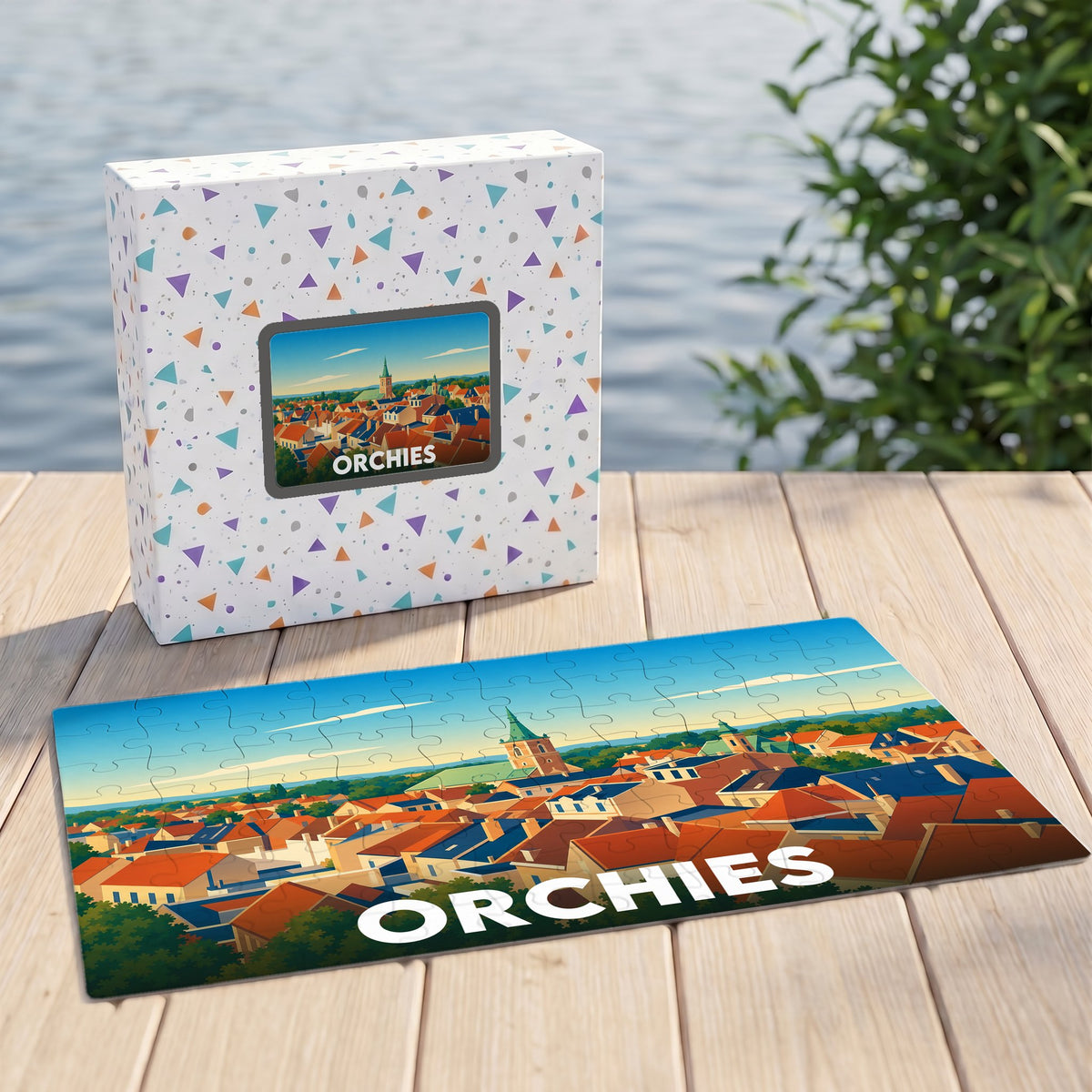 Puzzle souvenir de la ville d'Orchies avec une illustration stylisée et colorée de ses toits.