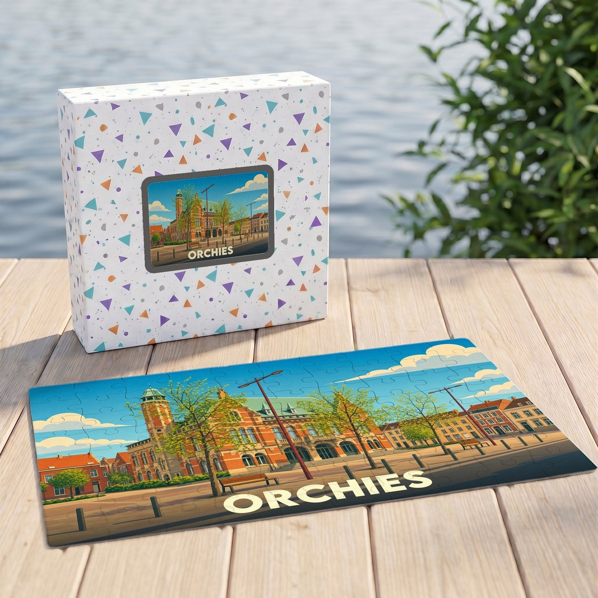 Puzzle souvenir de la ville d'Orchies avec une illustration stylisée de son architecture.