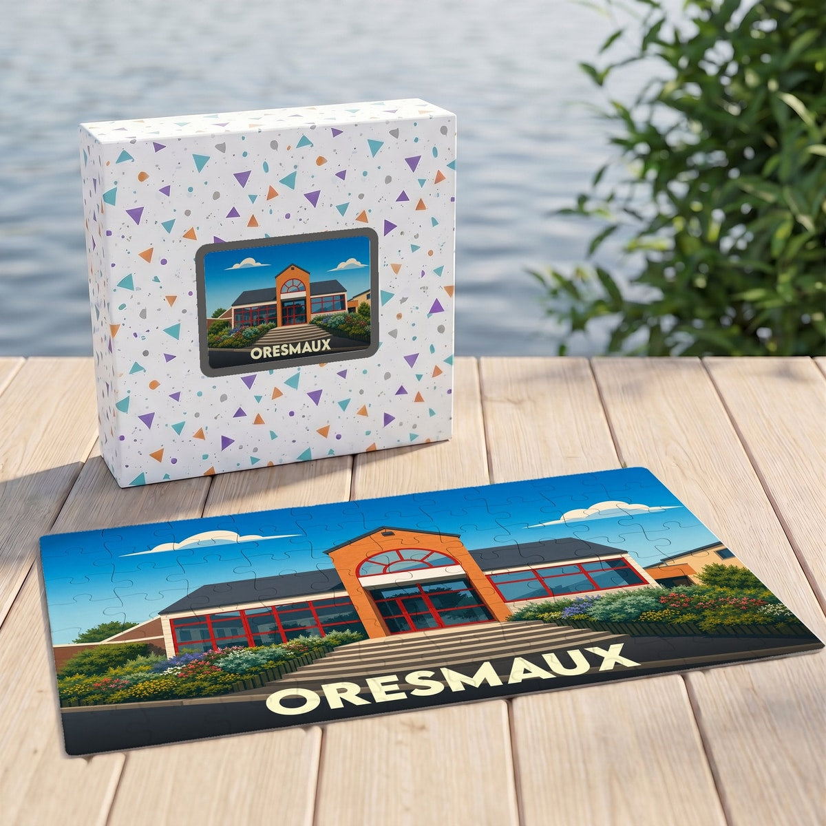 Puzzle souvenir de la ville d'Oresmaux avec une illustration stylisée du bâtiment municipal.