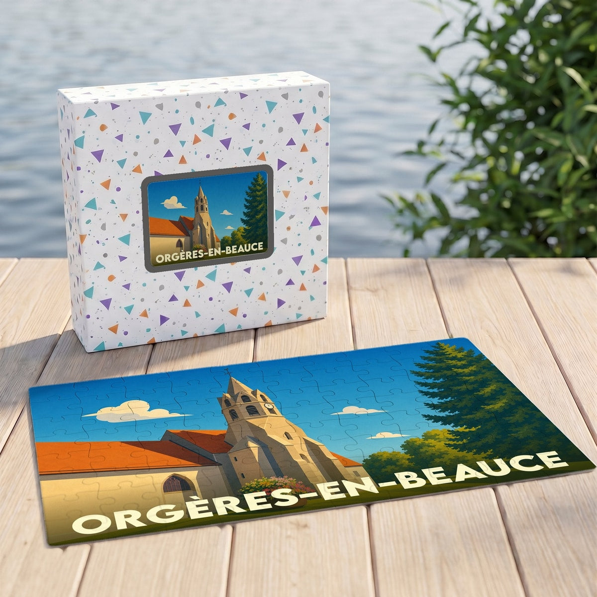 Puzzle souvenir de la ville de Orgères-en-Beauce avec une illustration stylisée de son église.