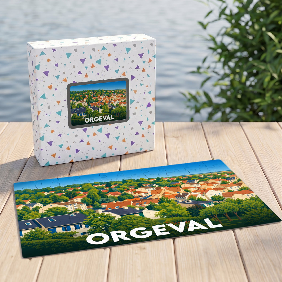 Puzzle souvenir de la ville de Orgeval avec une illustration stylisée de son paysage urbain.