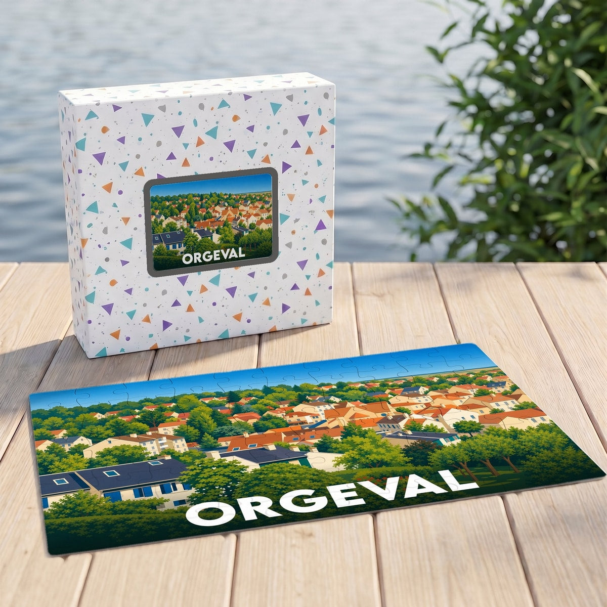 Puzzle souvenir de la ville de Orgeval avec une illustration stylisée de son paysage urbain.