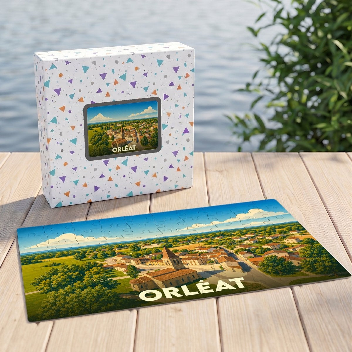 Puzzle souvenir de la ville d'Orléat avec une illustration stylisée d'un paysage de campagne.