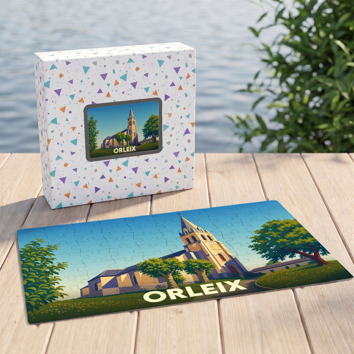 Puzzle souvenir de la ville de Orleix avec une illustration stylisée de son église.