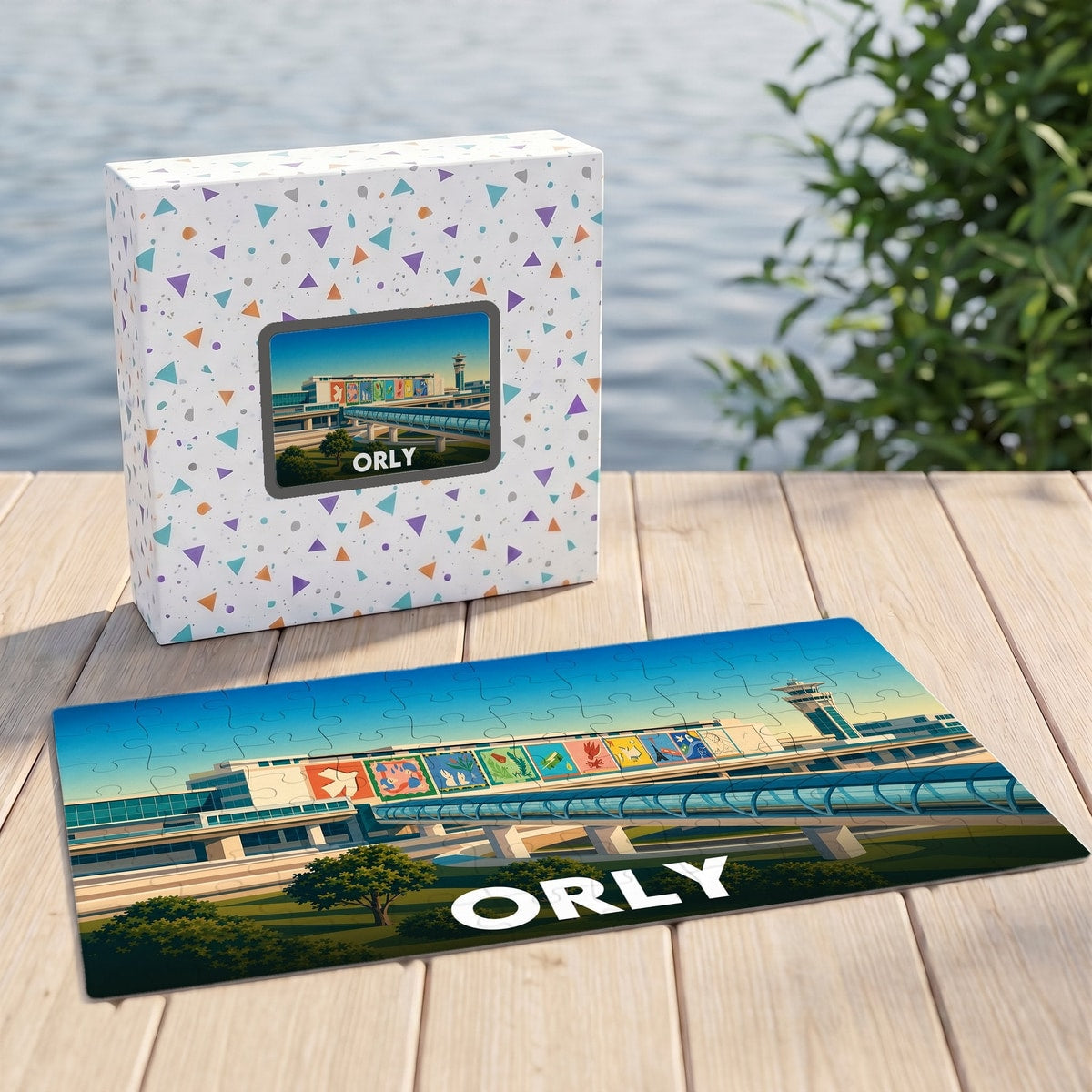 Puzzle souvenir de la ville d'Orly illustrant son aéroport avec un style graphique coloré.