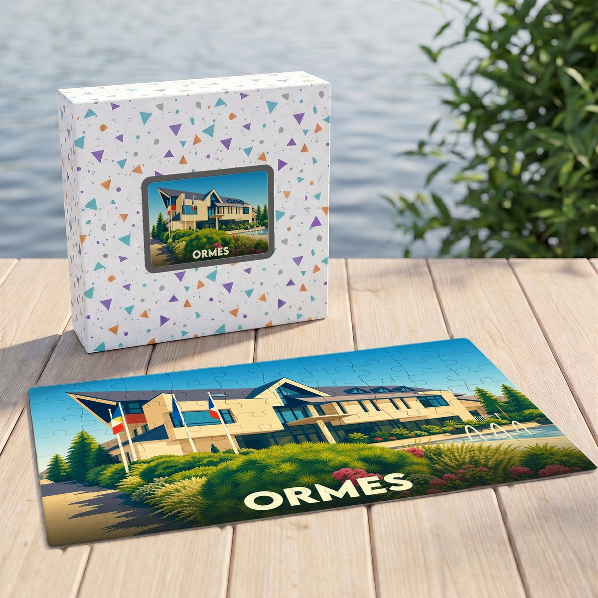Puzzle souvenir de la ville d'Ormes avec une illustration stylisée d'un bâtiment moderne et son coffret assorti.