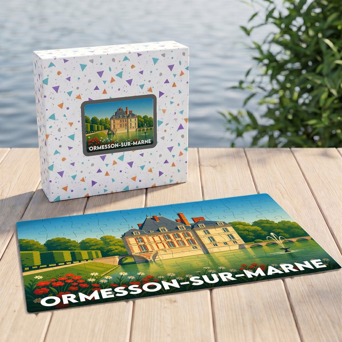 Puzzle souvenir de la ville d'Ormesson-sur-Marne avec une illustration stylisée de son château et son parc.