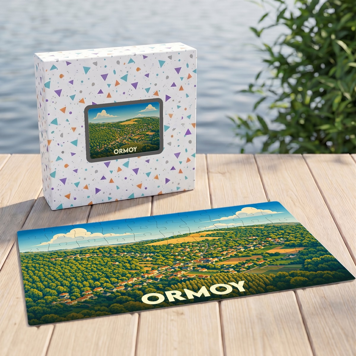 Puzzle souvenir de la ville d'Ormoy présentant une illustration stylisée de son paysage vallonné.