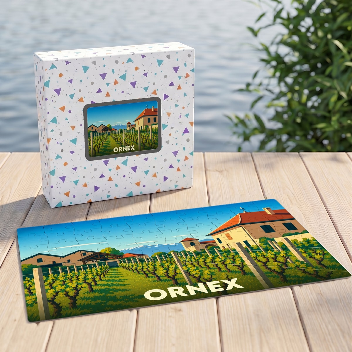 Puzzle souvenir de la ville de Ornex avec une illustration stylisée de vignobles et de maisons.