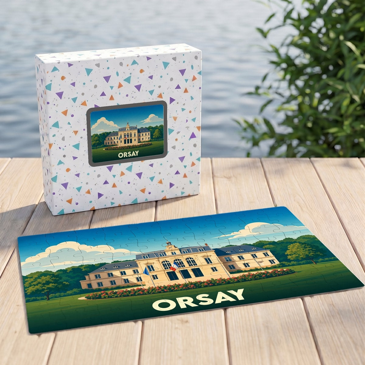 Puzzle souvenir de la ville d'Orsay représentant l'hôtel de ville avec une illustration stylisée.