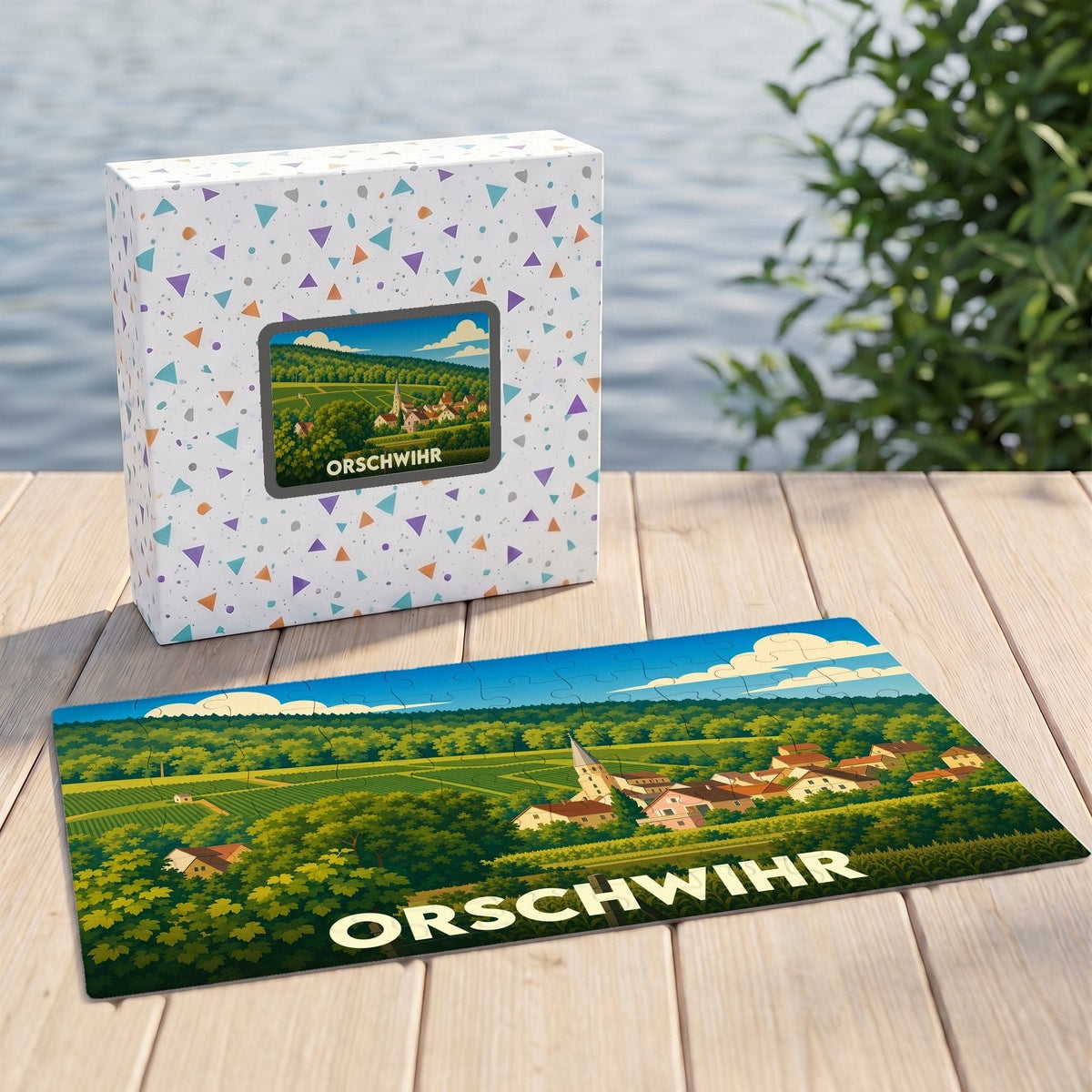 Puzzle souvenir de la ville d'Orschwihr avec une illustration stylisée de son paysage vallonné.