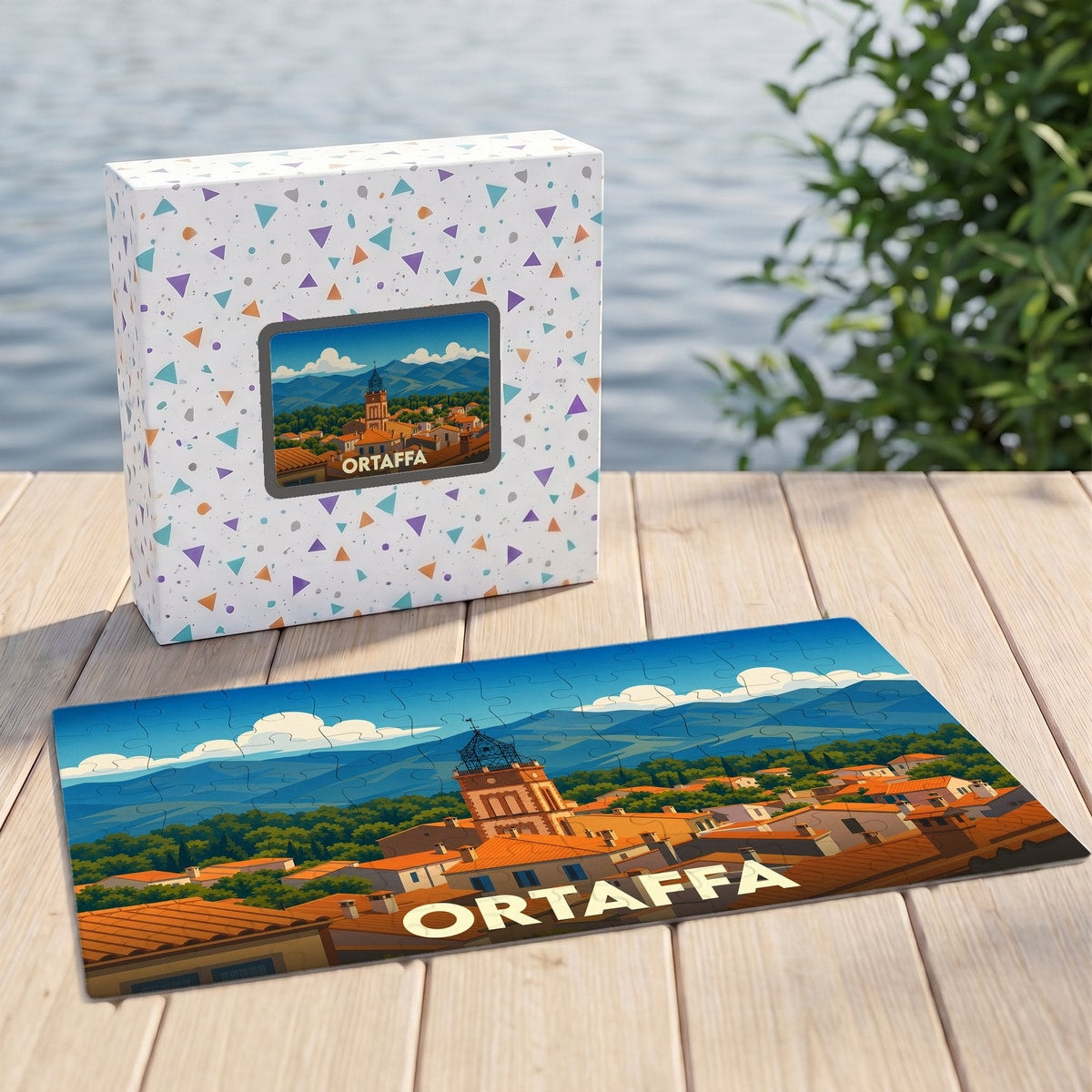 Puzzle souvenir de la ville d'Ortaffa illustrant un paysage panoramique stylisé.