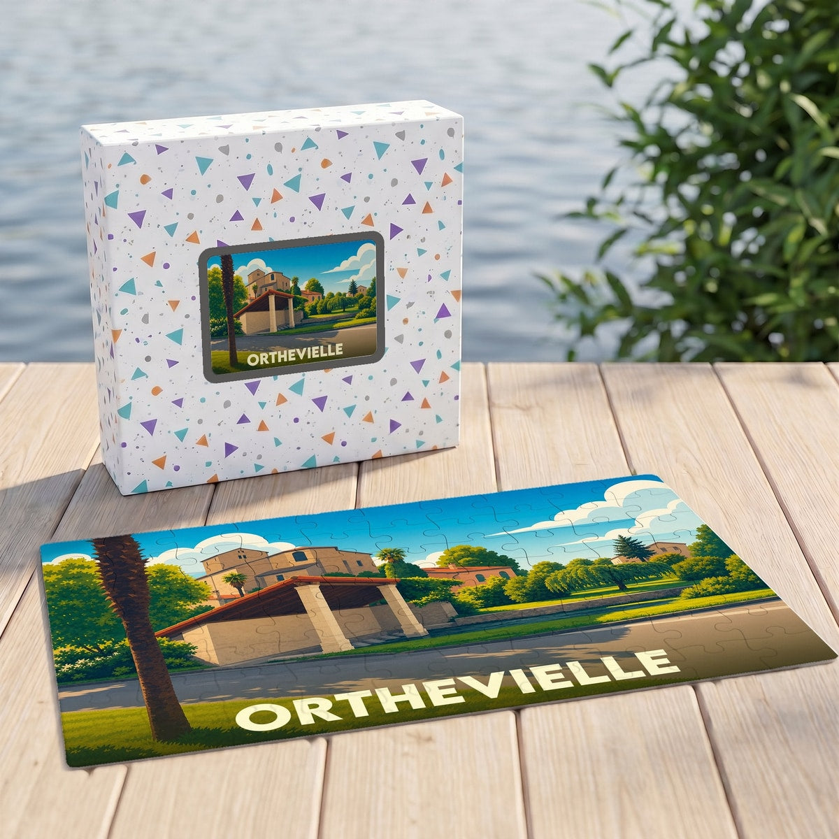 Puzzle souvenir de la ville d'Orthevielle avec une illustration stylisée d'un paysage local.