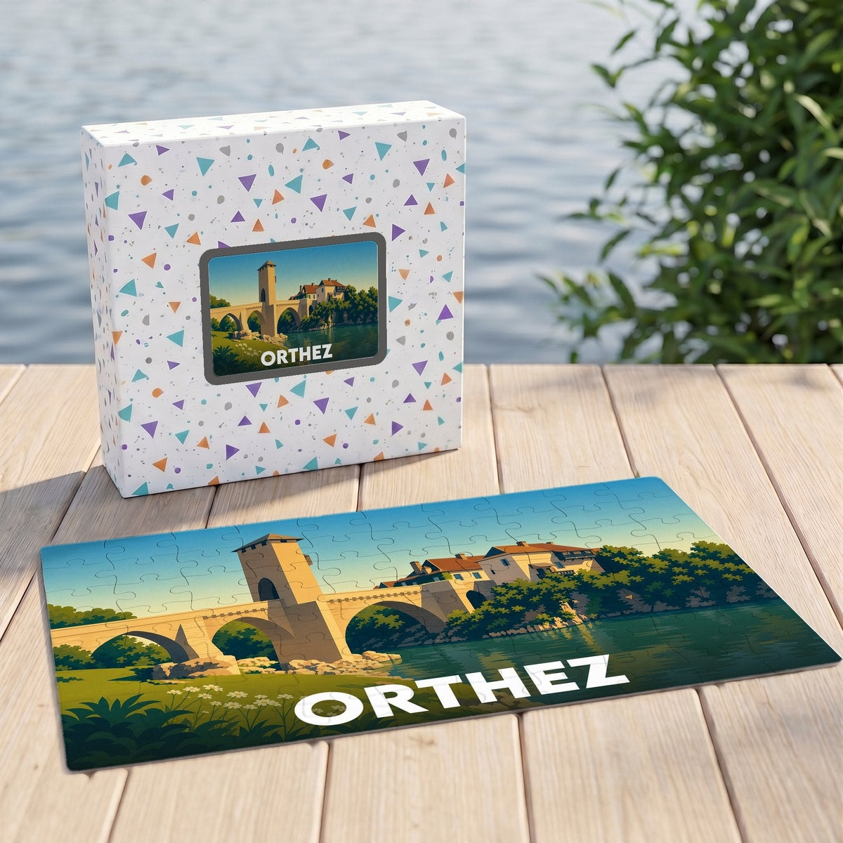 Puzzle souvenir de la ville d'Orthez avec une illustration stylisée de son célèbre Pont Vieux.