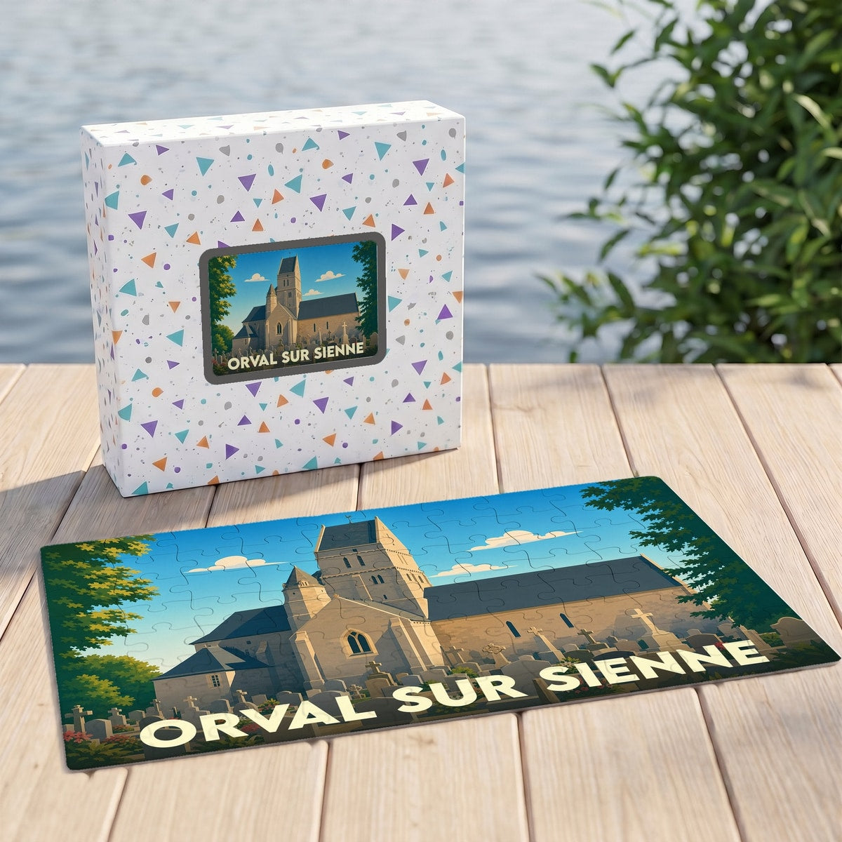 Puzzle souvenir de la ville de Orval sur Sienne avec une illustration stylisée d'une église.