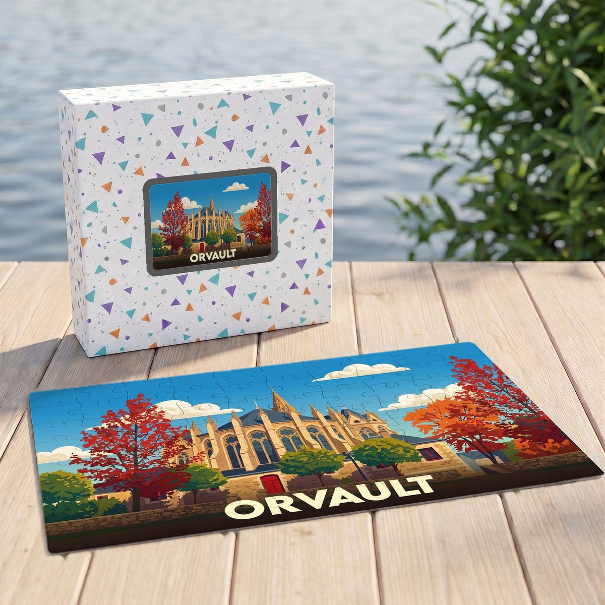 Puzzle souvenir de la ville d'Orvault avec une illustration stylisée d'un bâtiment historique en automne.