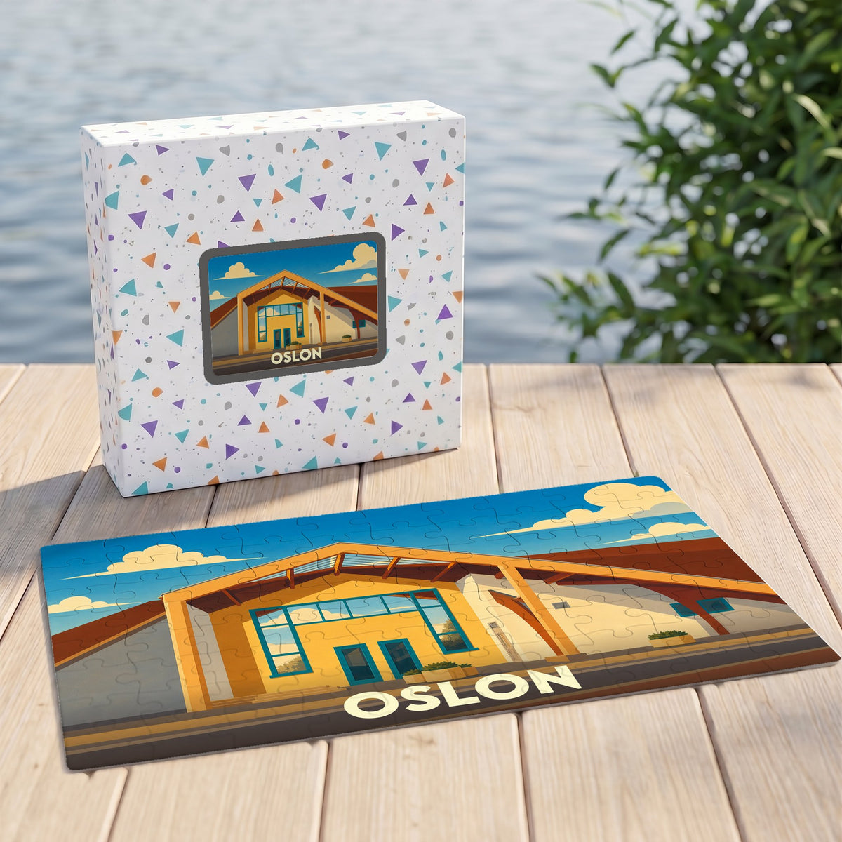 Puzzle souvenir de la ville de Oslon présentant une illustration stylisée de son architecture sur une table en bois.