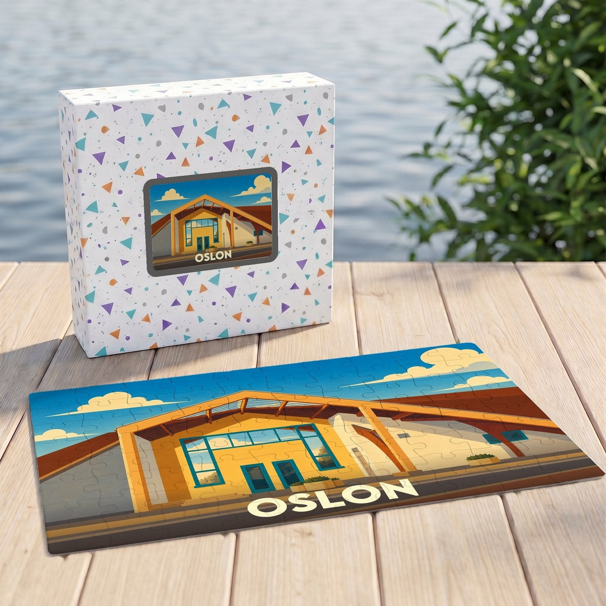 Puzzle souvenir de la ville de Oslon présentant une illustration stylisée de son architecture sur une table en bois.