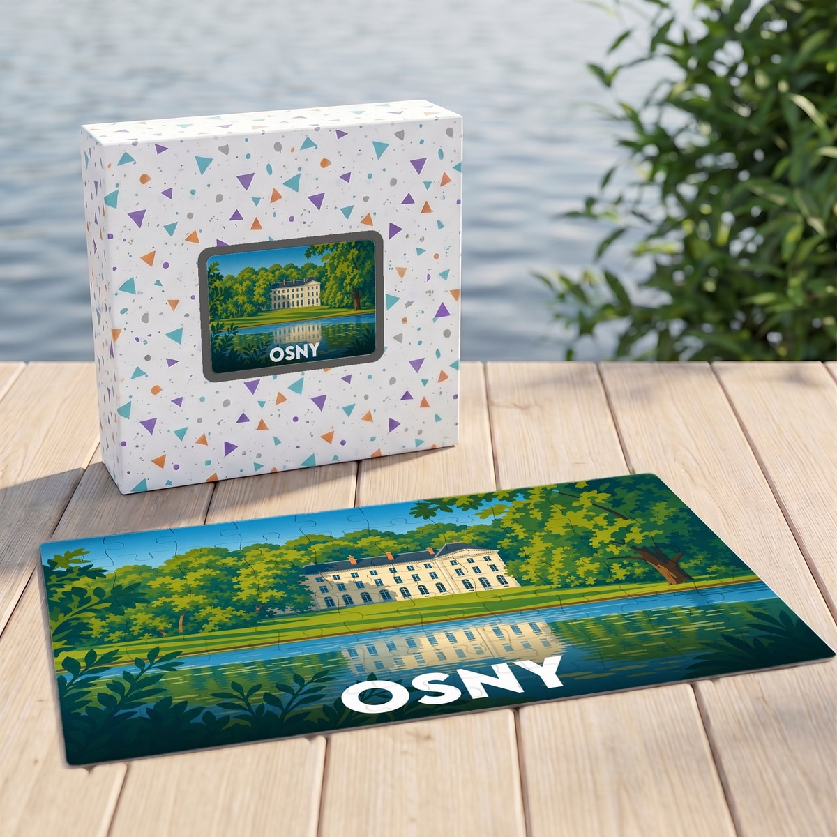 Puzzle souvenir de la ville d'Osny représentant son château au bord de l'eau avec une illustration stylisée.